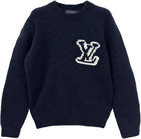 LV  Navy Intarsia LOGO Wool Crewneck Sweater